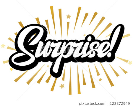 Elegant cursive word Surprise surrounded by radiant gold bursts and sparkling stars creating a festive and celebratory atmosphere 122872949
