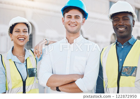 Logistics worker, architect and manager portrait working on construction site, happy with architecture partnership and smile for engineering job. Team diversity in industrial maintenance industry 122872950