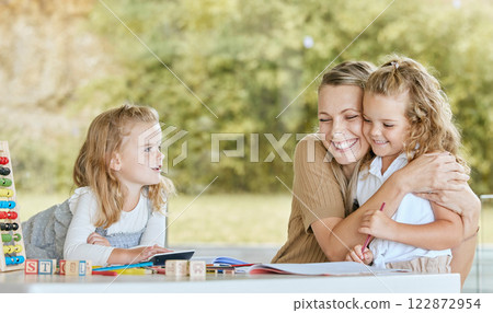 Mother hug girl for kindergarten learning, education and development in language and math on outdoor patio. Mom teaching kids at home and happy with children progress, results or knowledge growth 122872954