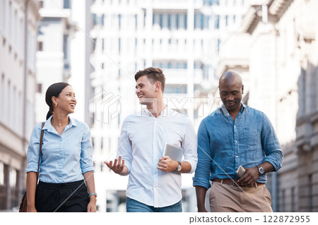 Business people, friends and city group walking, talking and chatting about work project while outside on an urban street. Diversity, happy and employees planning, traveling and social on commute 122872955