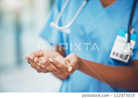 Medicine, woman healthcare and doctors hands with mock up for marketing, advertising or sale of medical product. Hospital, trust and insurance with a health professional and mockup 122873019