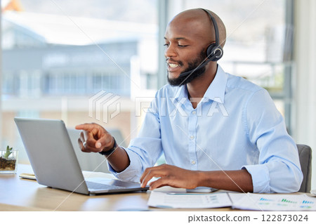 Telemarketing customer service, support and tech help man worker on a online web consultation. Internet consultant and call center employee with headset doing digital, crm and contact us consulting 122873024
