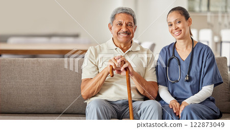Consulting nurse, senior man and healthcare communication, planning medicine in nursing home and smile for service in house. Portrait of hospital worker caring for elderly person for medical help Consulting nurse, senior man and healthcare communication, planning medicine in nursing home and smile for service in house. Portrait of hospital worker caring for elderly person for medical help 122873049