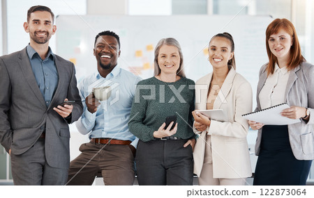 Business people portrait, teamwork and diversity of employees, workers and collaboration for motivation, vision and goal in startup company. Happy group of professional management staff in office 122873064