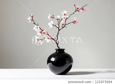 Beautiful Cherry Blossom Branch Elegantly Displayed in a Modern Black Vase 122873084