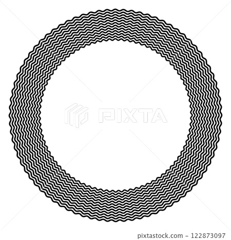 Circle frame consisting of twelve wavy lines. Decorative circular border made by twelve black serpentine lines. Snake-like circular frame, decorative surround and background. Isolated illustration. Circle frame consisting of twelve wavy lines. Decorative circular border made by twelve black serpentine lines. Snake-like circular frame, decorative surround and background. Isolated illustration. 122873097