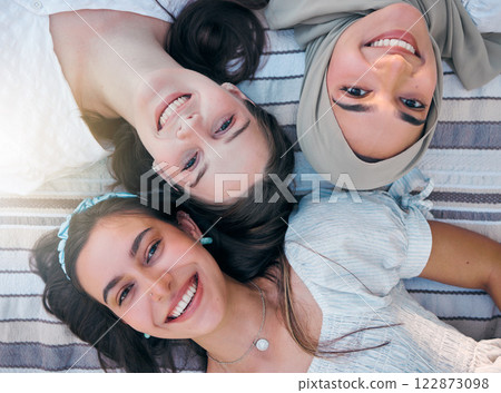 Portrait of happy girl friends relax outdoor and enjoy peace, freedom and friendship bonding time together above view. Face of diversity women, happiness and beauty as young group of people smile Portrait of happy girl friends relax outdoor and enjoy peace, freedom and friendship bonding time together above view. Face of diversity women, happiness and beauty as young group of people smile 122873098