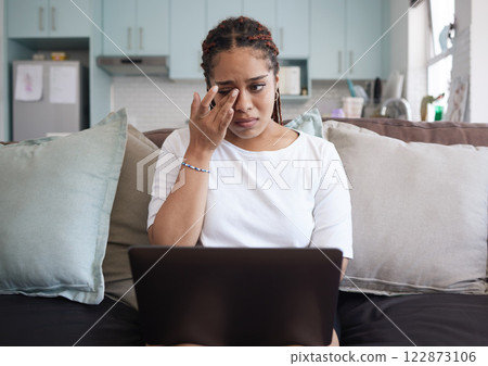 Stress, sad and student crying with laptop alone thinking of bad news, depression and report deadlines. Burnout, anxiety and depressed girl working at home frustrated with mistakes, fail and fear 122873106