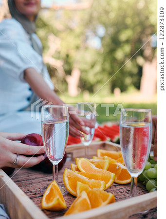 Outdoor, champagne and fruit for picnic in the park with friends for health, brunch and relax. Summer, food and glass of wine with women in the countryside garden for nature, social event and party Outdoor, champagne and fruit for picnic in the park with friends for health, brunch and relax. Summer, food and glass of wine with women in the countryside garden for nature, social event and party 122873109