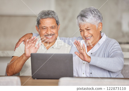Video call, laptop and senior couple networking online with home wifi looking relax, happy and healthy in retirement. Virtual zoom communication elderly people and woman for global love connection 122873110