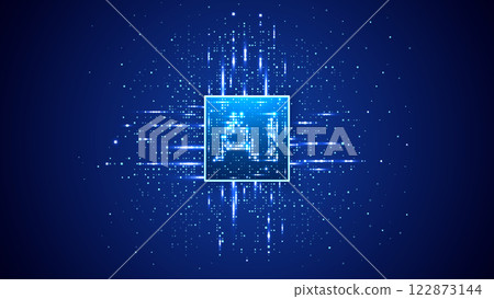 AI chip with light glowing pixel elements on technology background. 122873144
