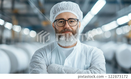middle aged man in white lab coat and hairnet stands confidently in factory setting 122873172