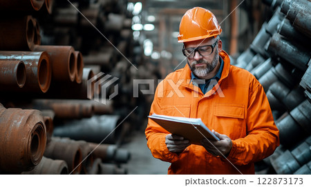 middle aged man in orange safety uniform and hard hat inspects inventory in warehouse 122873173