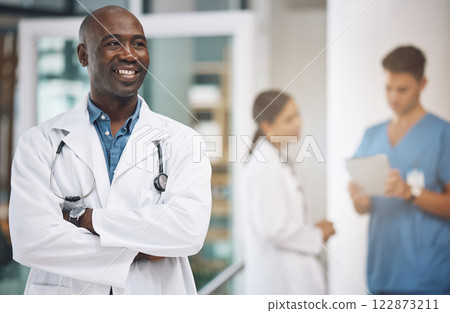 Medical, healthcare and arms crossed with doctor in hospital for vision, trust and leadership. Support, innovation and motivation with black man employee in medicine, surgery and first aid clinic 122873211
