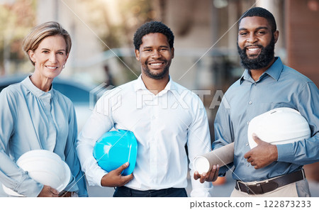 Engineer portrait, architect work and smile for team collaboration on construction design in the city, working on building architecture and happy with partnership. Team of maintenance workers on site 122873233