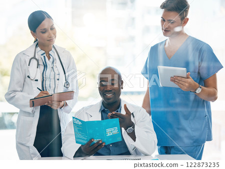 Diversity doctors, team and healthcare planning, collaboration and teamwork in meeting in hospital office. Medical, leadership and nurse with communication, strategy and disease information review. 122873235