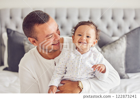 Happy father relax with baby in bedroom, family home and house for funny, relax and playful morning together. Dad care, love and happiness to cute, smile and infant child, kid and toddler development Happy father relax with baby in bedroom, family home and house for funny, relax and playful morning together. Dad care, love and happiness to cute, smile and infant child, kid and toddler development 122873241