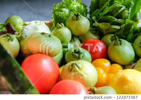 Variety of fresh vegetables in a wooden box. Variety of fresh vegetables in a wooden box. 122873367