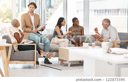 Planning, strategy and business people working in a marketing and advertising company office. Collaboration, support and diversity in teamwork with corporate men and women brainstorming in a meeting Planning, strategy and business people working in a marketing and advertising company office. Collaboration, support and diversity in teamwork with corporate men and women brainstorming in a meeting 122873395