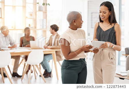 Tablet planning, online website and businesswomen meeting about corporate strategy, happy with design for project and collaboration for creative idea. Business team talking with technology in office Tablet planning, online website and businesswomen meeting about corporate strategy, happy with design for project and collaboration for creative idea. Business team talking with technology in office 122873443