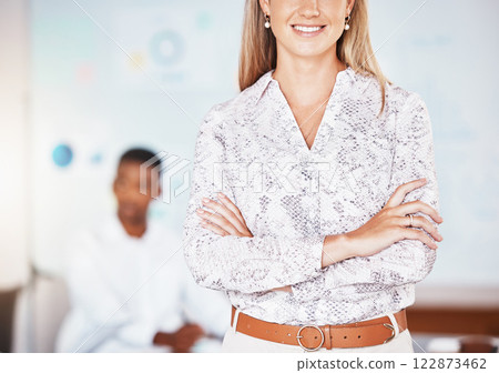 Woman leader, happy ceo and management with motivation in career success, vision and support for power, trust and leadership. Closeup female manager, smile worker and professional office entrepreneur 122873462