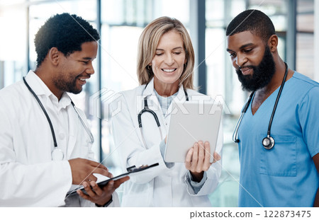 Hospital teamwork, digital tablet and healthcare planning, research collaboration and clinic medicine support. Diversity doctors, wellness nurse and happy surgeon connect to online apps for analysis 122873475