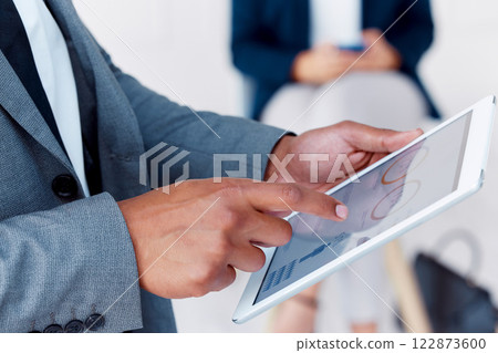 Business man hands, tablet planning and annual report big data, research and office management. Manager digital marketing, kpi finance strategy and internet stats analytics for financial economy apps 122873600