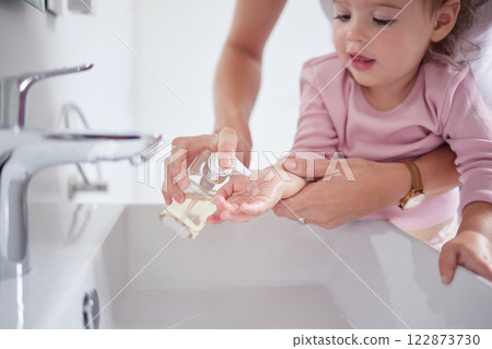 Mother cleaning kids hands with sanitizer liquid soap after baby toddler had dirty fingers in the sink. Healthy, grooming and mom cleaning and helping a young girl with hygiene wellness at home Mother cleaning kids hands with sanitizer liquid soap after baby toddler had dirty fingers in the sink. Healthy, grooming and mom cleaning and helping a young girl with hygiene wellness at home 122873730
