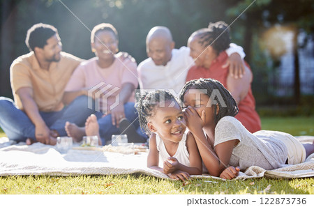 Secret, sister and children with a girl whispering to her sibling and a black family in the background. Kids, mystery and gossip with a female child being secretive on a picnic in the park in summer 122873736