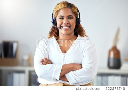 Call center, happy and smile of a woman in customer service or telemarketing consultant with crossed arms at the office. Portrait of a female professional employee in contact us, support and help Call center, happy and smile of a woman in customer service or telemarketing consultant with crossed arms at the office. Portrait of a female professional employee in contact us, support and help 122873740