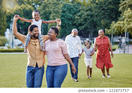 Generation of happy family walking in park, garden and summer nature outdoors to relax, bonding during quality time. Black people with grandparents, parents and children in love, care and support Generation of happy family walking in park, garden and summer nature outdoors to relax, bonding during quality time. Black people with grandparents, parents and children in love, care and support 122873757
