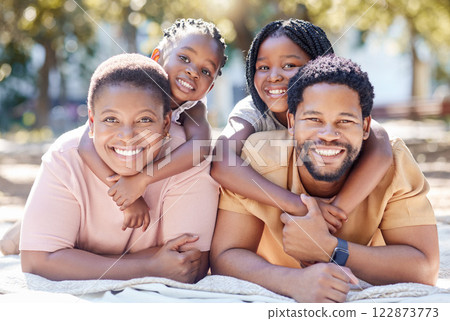 Portrait of relax black family in picnic nature park enjoy quality time, outdoor peace or freedom while bonding together. Love, hug and happy kids or children smile on spring holiday with mom and dad 122873773