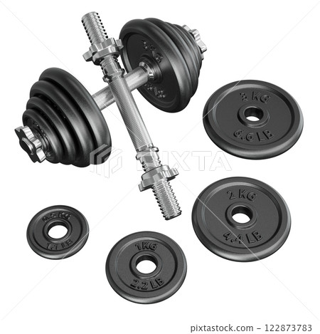 Black Adjustable Dumbbell and one taken apart. Rod handle, weight plates Black Adjustable Dumbbell and one taken apart. Rod handle, weight plates 122873783