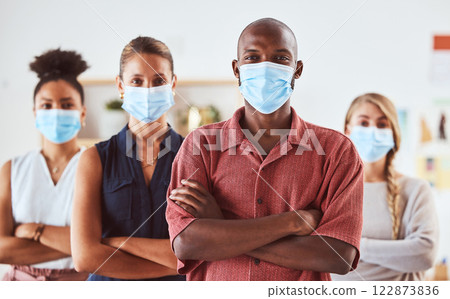 Covid, face mask and colleagues standing for safety and health in creative office with diversity, hygiene and leadership. Portrait of business people in healthy workplace during coronavirus Covid, face mask and colleagues standing for safety and health in creative office with diversity, hygiene and leadership. Portrait of business people in healthy workplace during coronavirus 122873836