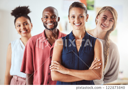 Woman leadership, business teamwork and global startup with motivation, vision and innovation in office. Portrait, smile and happy diversity women and black man in creative office for collaboration 122873840