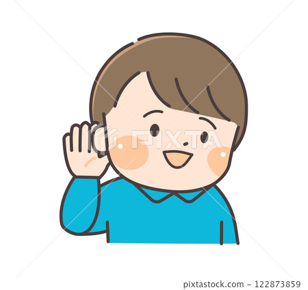 一個孩子微笑著用右手摀住耳朵 一個孩子微笑著用右手摀住耳朵 122873859