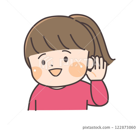 A child smiling and holding his left hand to his ear A child smiling and holding his left hand to his ear 122873860