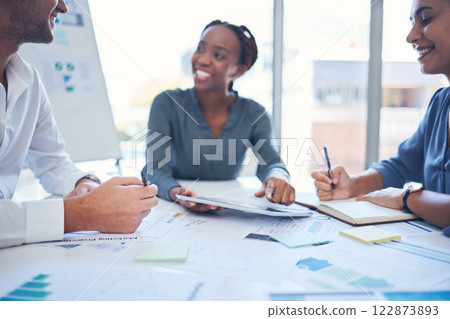 Business people, analytics and meeting discussion for documents, paperwork and research at the office. Group of analysts in teamwork collaboration, strategy and plan for company statistics or goals 122873893