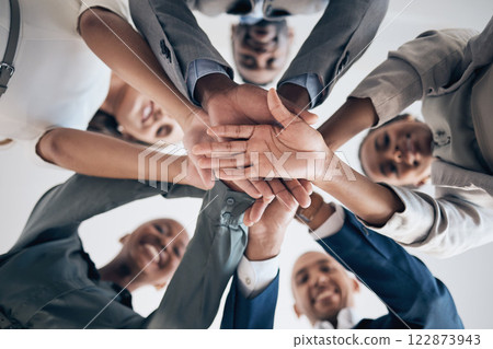 Work, motivation and hands in teamwork support of happy office worker group together. Business collaboration, community and working success of company employees ready to start corporate team project 122873943
