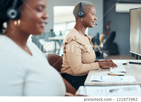 Customer service, call center and telemarketing consultant happy to help with friendly quality support. Black woman working as an insurance agent talking to a client for a communications company 122873962