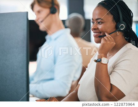 Call center, CRM and customer service woman working with headset, telemarketing and customer support in office. Contact us, help and business employee consultant with questions, loan or client advice 122873964