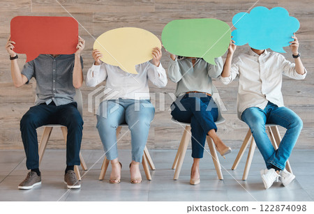 Diversity, opinion and poster with speech bubble thinking about news poll vote on review board. Team with social media mock up advertising boards of communication icon, cloud or billboard to network Diversity, opinion and poster with speech bubble thinking about news poll vote on review board. Team with social media mock up advertising boards of communication icon, cloud or billboard to network 122874098