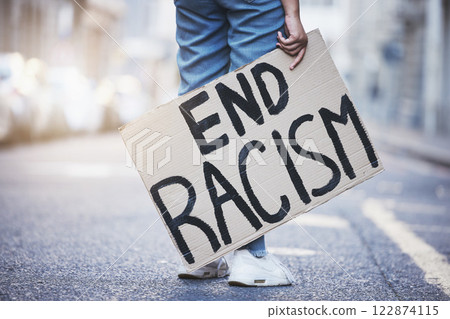 Protest poster to end racism, stop race discrimination and human rights legal justice, equality and freedom for world peace. Street activist fight for social change, rally and solidarity revolution 122874115