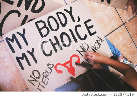 Poster to protest abortion, woman body choice and freedom of human rights, legal justice for democracy and social rally. Above feminist writing sign for safe decision, equality and constitution law Poster to protest abortion, woman body choice and freedom of human rights, legal justice for democracy and social rally. Above feminist writing sign for safe decision, equality and constitution law 122874119