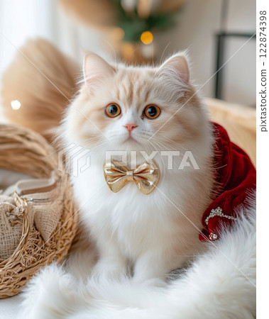 Persian cat with luxurious golden bow tie sits elegantly on soft surface, surrounded by festive decor. Its expressive eyes and fluffy fur create charming atmosphere 122874398