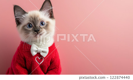 Siamese cat in red suit with heart shaped embroidery, looking adorable against pink background. This charming feline captures hearts effortlessly 122874440
