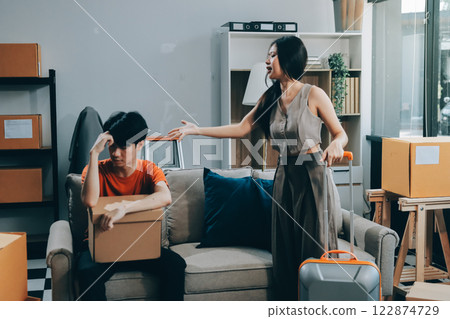 Stressed young married family couple arguing, blaming each other 122874729
