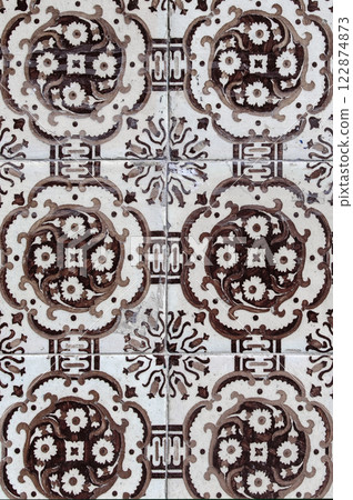 Lisbon ceramic tiles. Ornate brightly colored portugese tile texture. 122874873