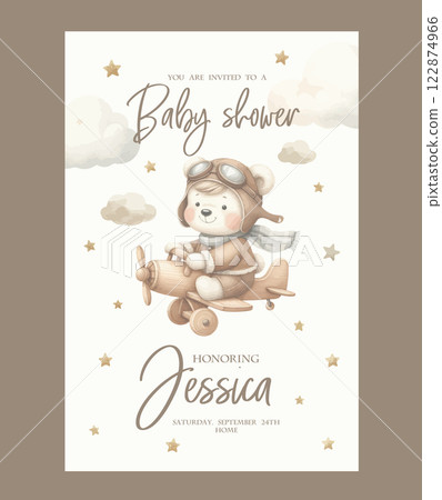 Watercolor invitation card for baby shower with a pilot bear on an airplane. Watercolor invitation card for baby shower with a pilot bear on an airplane. 122874966