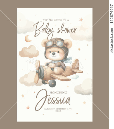 Watercolor invitation card for baby shower with a pilot bear on an airplane. Watercolor invitation card for baby shower with a pilot bear on an airplane. 122874967